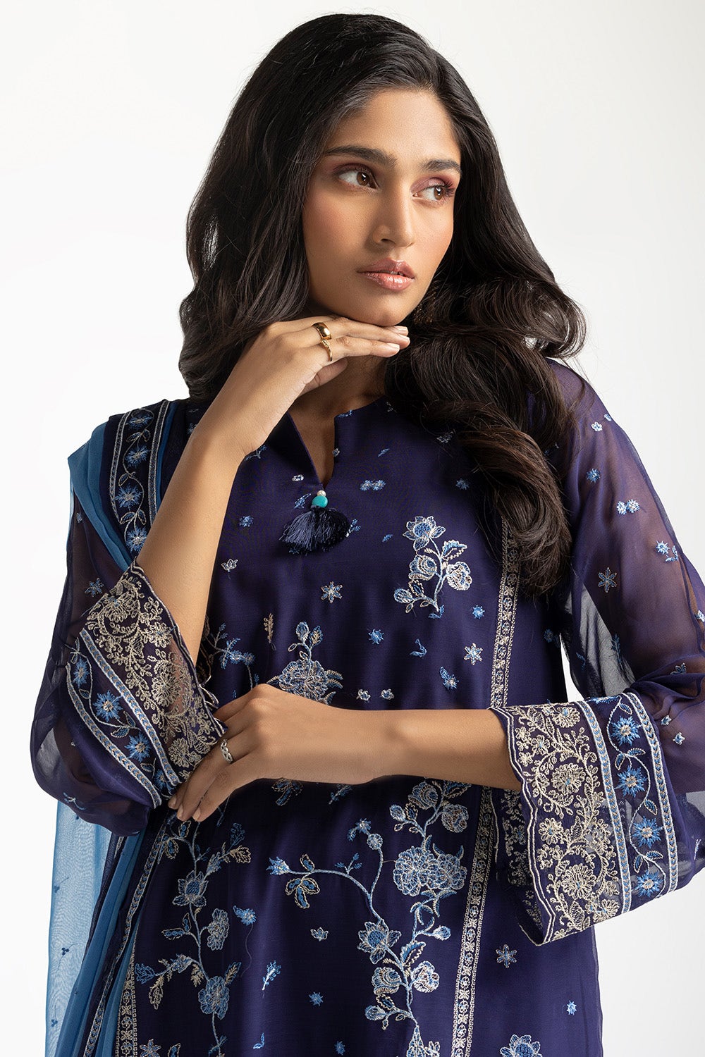 Chiffon Embroidered Navy Blue Stitched Suit - Gul Ahmed