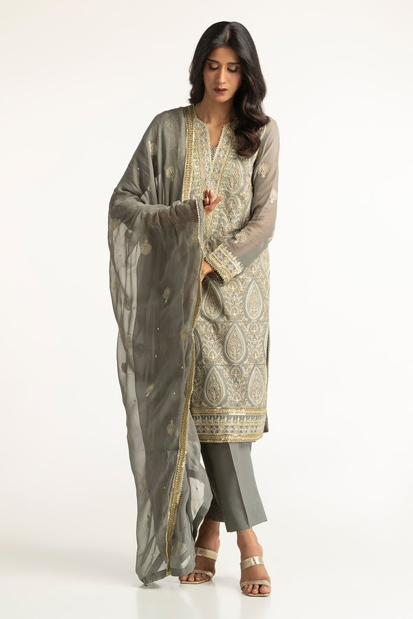 Chiffon Embroidered Grey Stitched Suit - Gul Ahmed