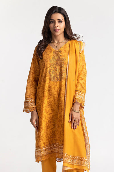 Lawn Printed Diamantes Mustard Stitched Suit - Gul Ahmed