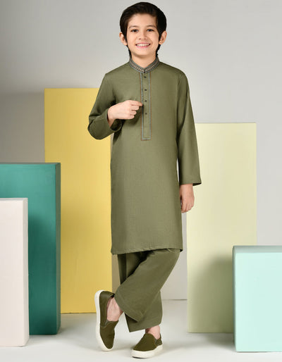 Blended Dull Green Kameez Shalwar - J. Junaid Jamshed