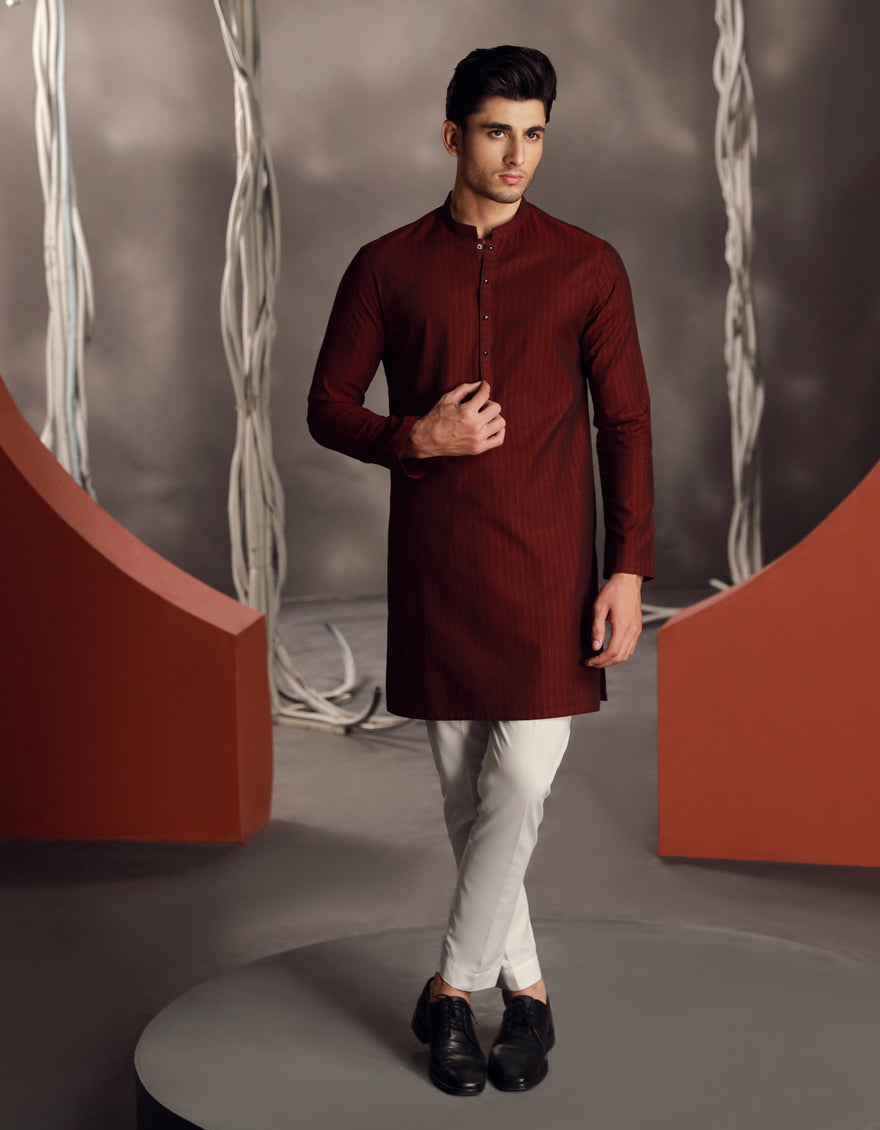 Cotton Maroon Kurta - J. Junaid Jamshed