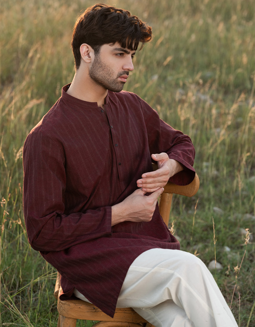 Cotton Maroon Kurta - J. Junaid Jamshed