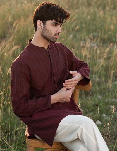 Cotton Maroon Kurta - J. Junaid Jamshed