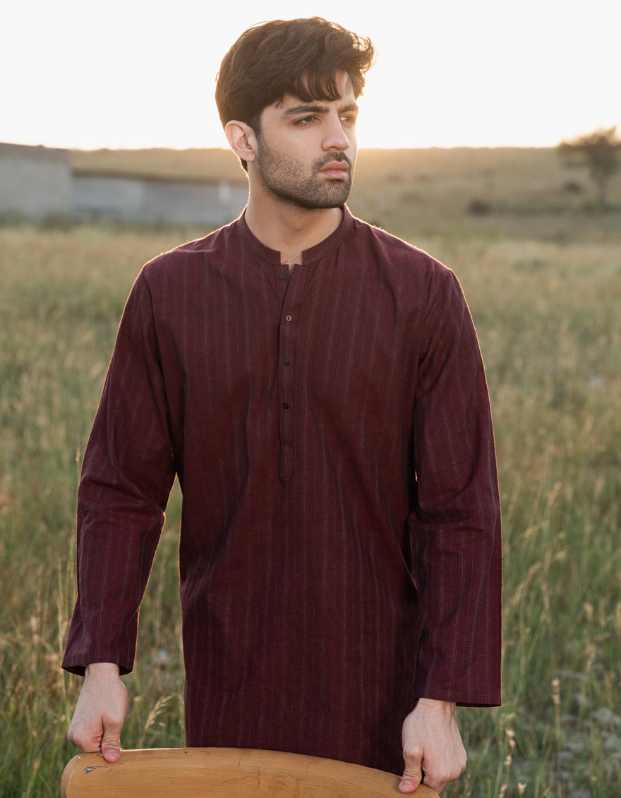 Cotton Maroon Kurta - J. Junaid Jamshed