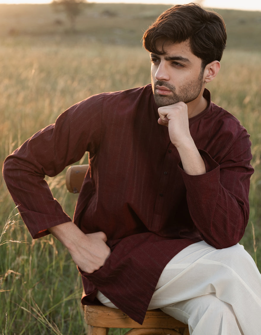 Cotton Maroon Kurta - J. Junaid Jamshed