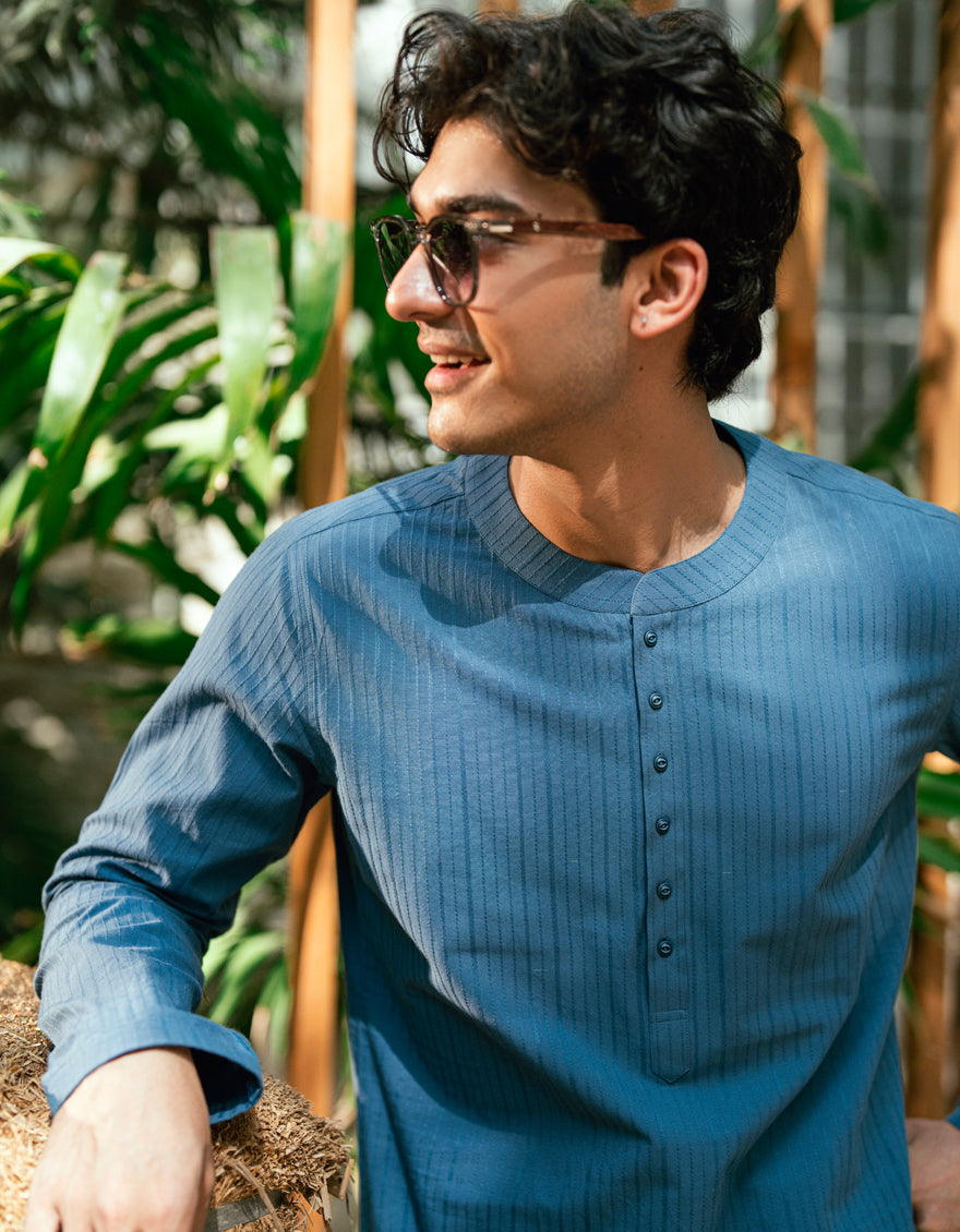 Cotton Dull Blue Kurta - J. Junaid Jamshed