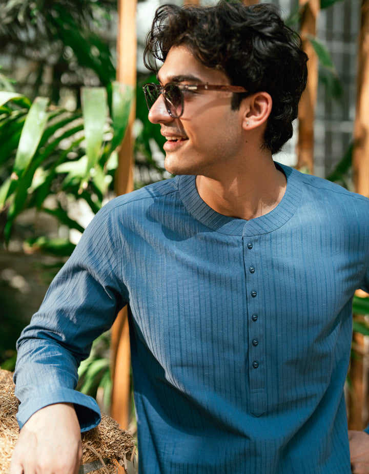 Cotton Dull Blue Kurta - J. Junaid Jamshed