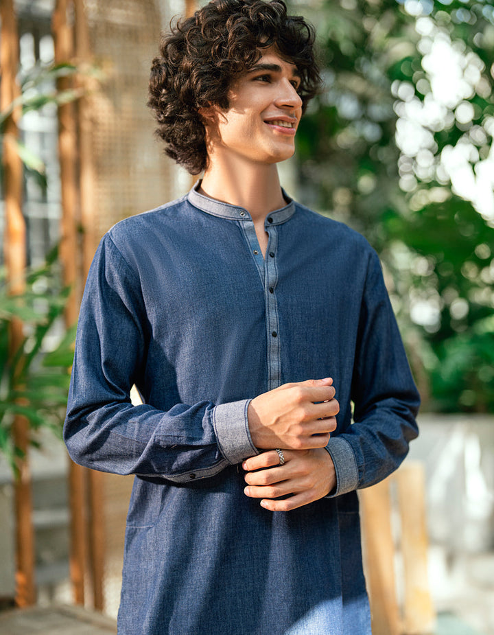 Cotton Denim Blue Kurta - J. Junaid Jamshed