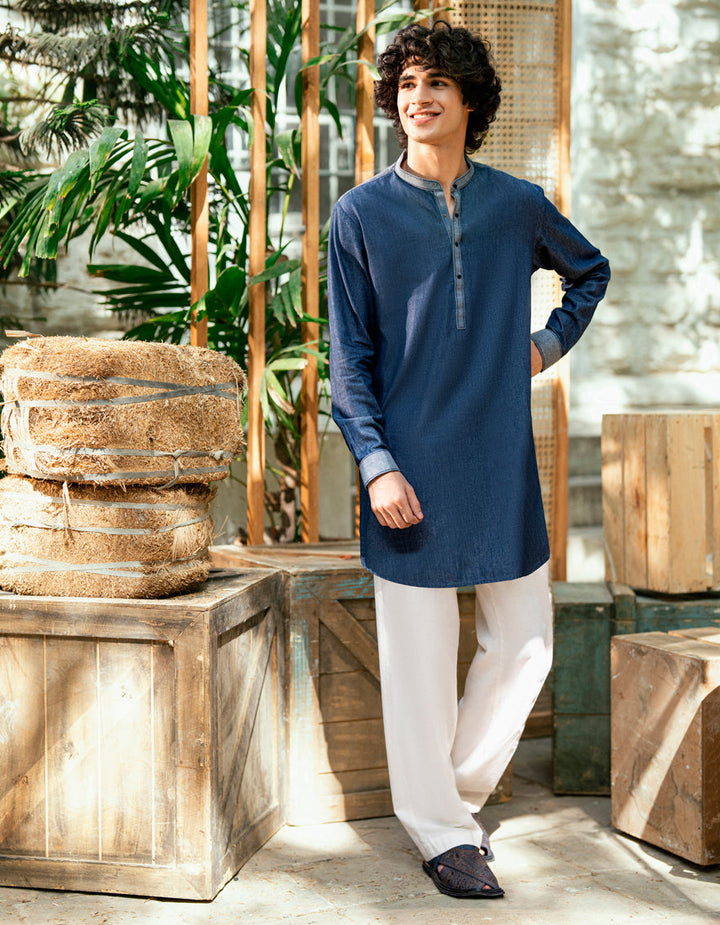 Cotton Denim Blue Kurta - J. Junaid Jamshed
