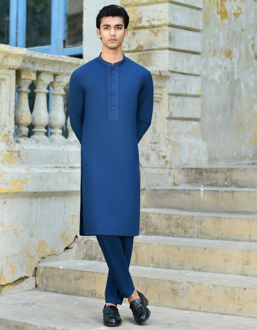 Cotton Royal Blue Kurta Trouser - J. Junaid Jamshed