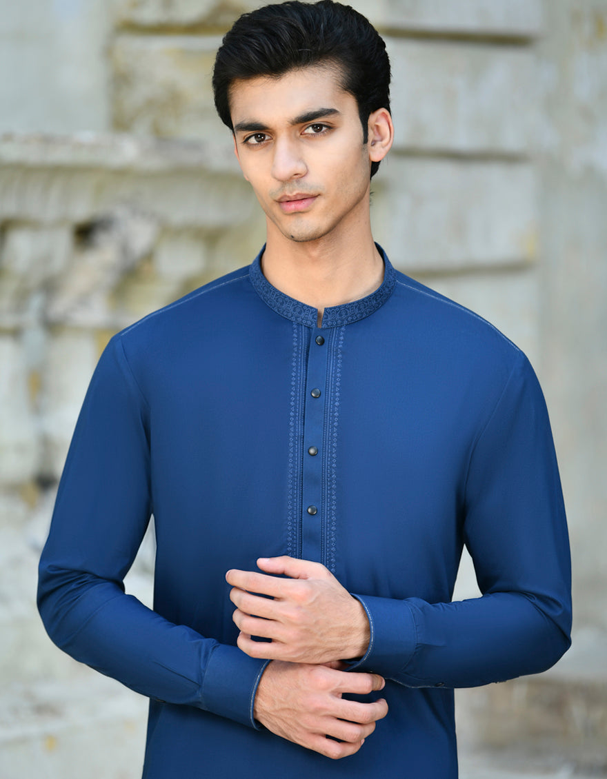 Cotton Royal Blue Kurta Trouser - J. Junaid Jamshed