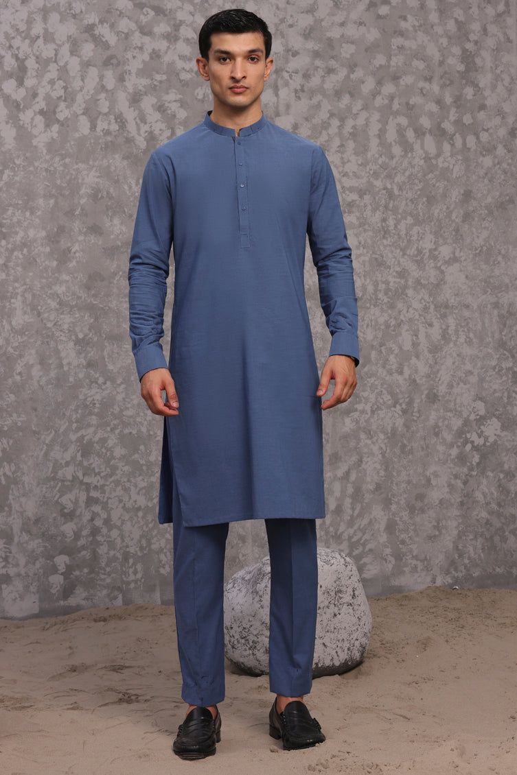 Cotton Blue Kurta Trouser - J. Junaid Jamshed