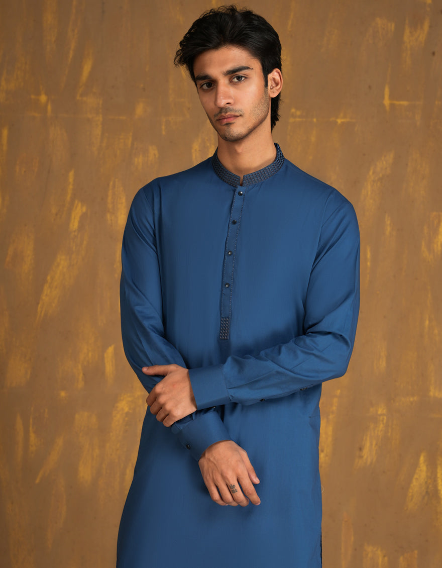 Cotton Blue Kurta Trouser - J. Junaid Jamshed