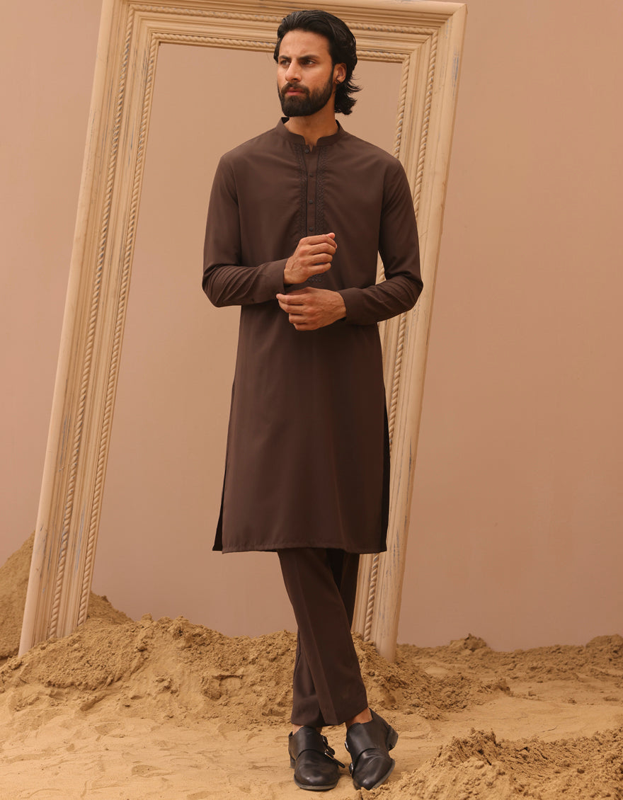 Blended Brown Kurta Trouser - J. Junaid Jamshed