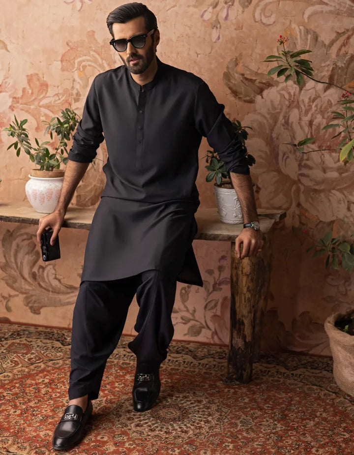 Blended Black Shalwar Kameez  - J. Junaid Jamshed