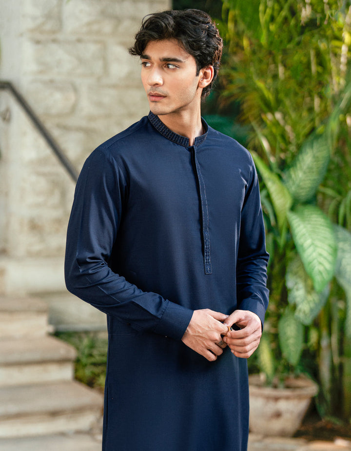 Blended Navy Blue Shalwar Kameez - J. Junaid Jamshed