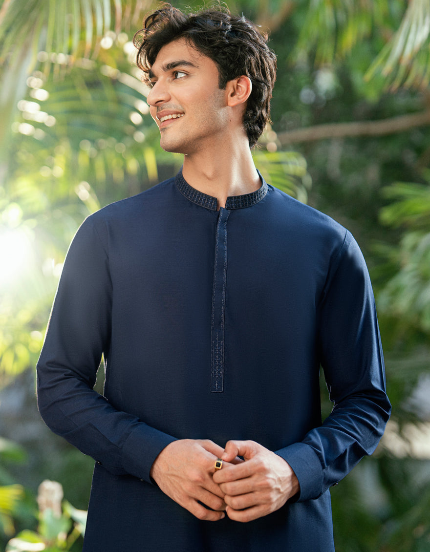 Blended Navy Blue Shalwar Kameez - J. Junaid Jamshed