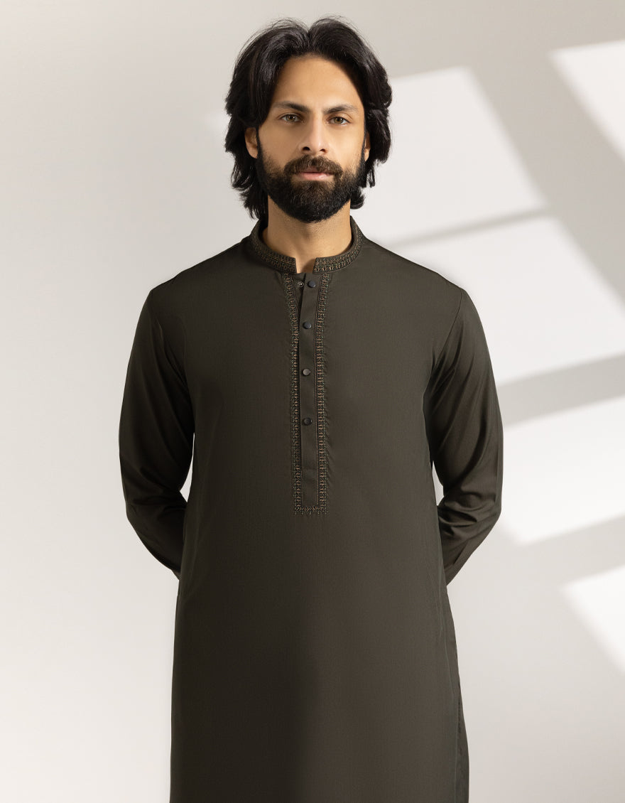 Blended Army Green Shalwar Kameez - J. Junaid Jamshed
