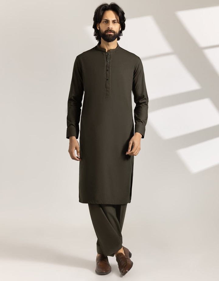 Blended Army Green Shalwar Kameez - J. Junaid Jamshed