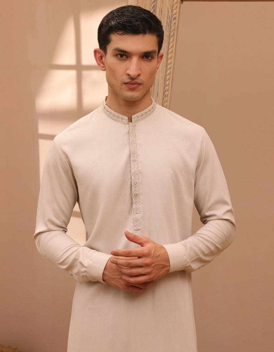 Blended Cream Kameez Shalwar - J. Junaid Jamshed