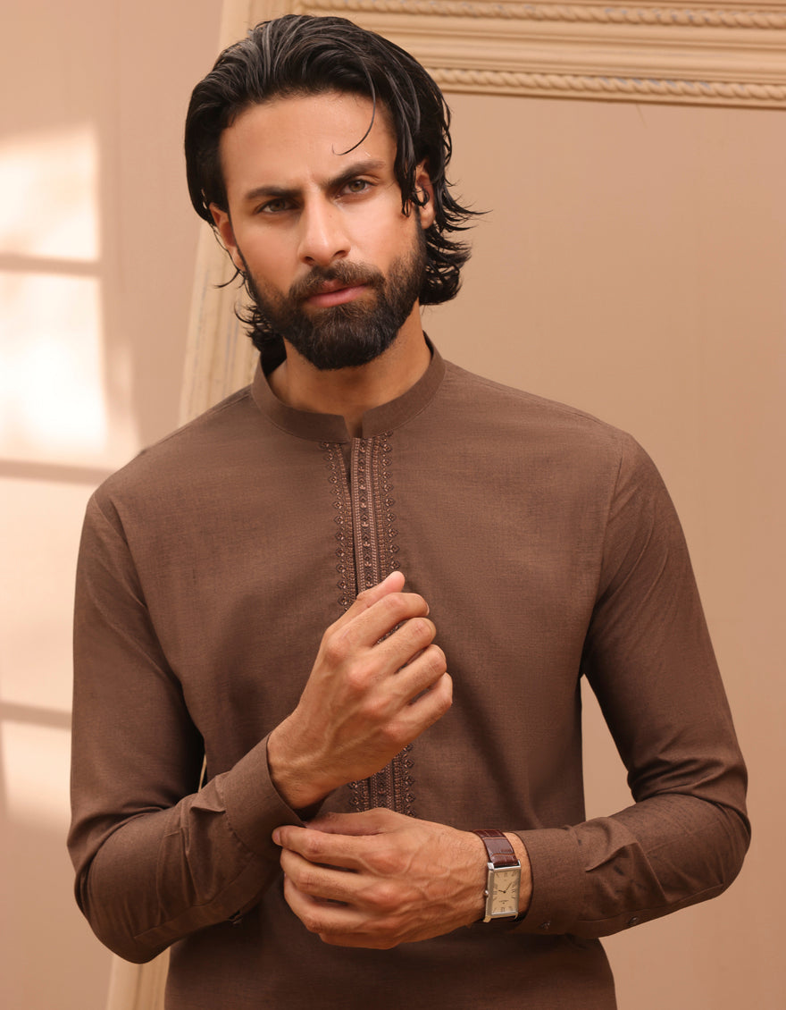 Blended Brown Kameez Shalwar - J. Junaid Jamshed