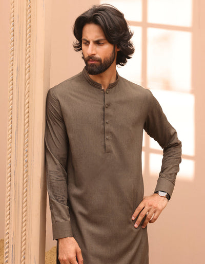 Blended Mehndi Green Kameez Shalwar - J. Junaid Jamshed