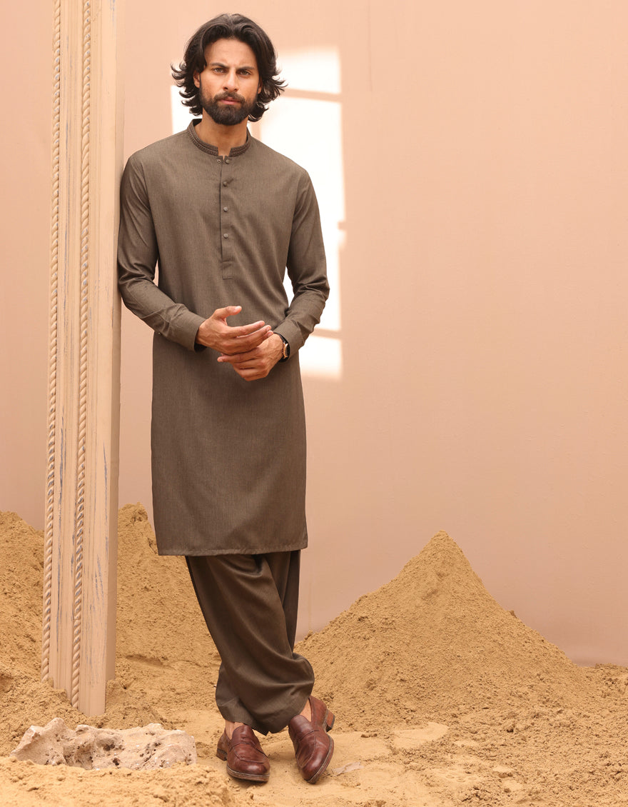 Blended Mehndi Green Kameez Shalwar - J. Junaid Jamshed