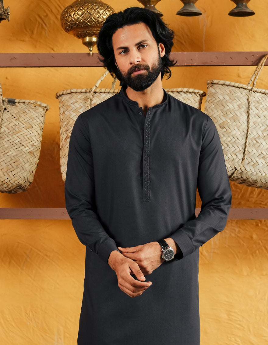Blended Dark Grey Shalwar Kameez - J. Junaid Jamshed