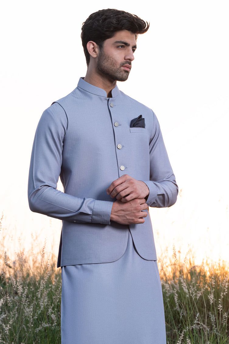 Blended Blue Shalwar Kameez with Waist Coat - J. Junaid Jamshed