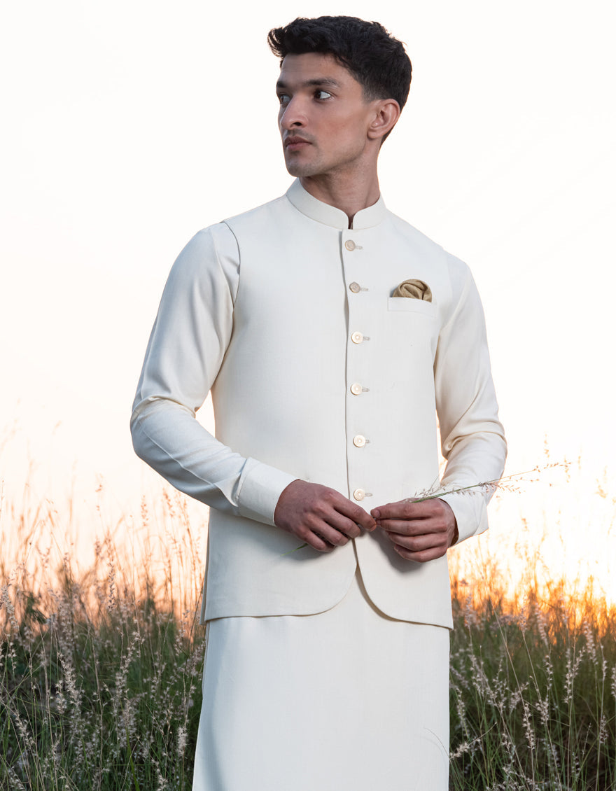 Blended Cream Shalwar Kameez & Waist Coat - J. Junaid Jamshed