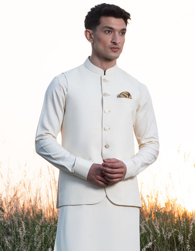 Blended Cream Shalwar Kameez & Waist Coat - J. Junaid Jamshed