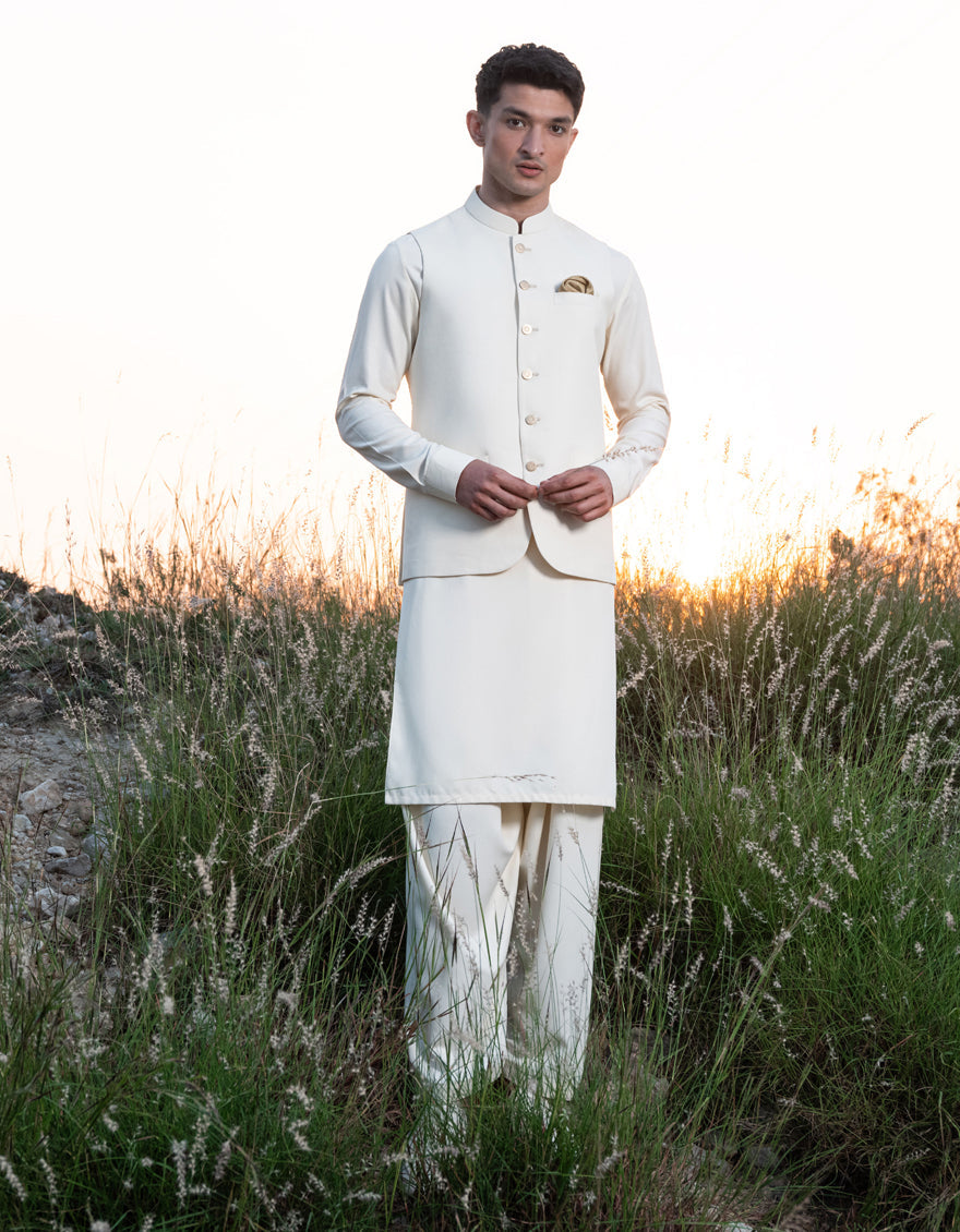 Blended Cream Shalwar Kameez & Waist Coat - J. Junaid Jamshed