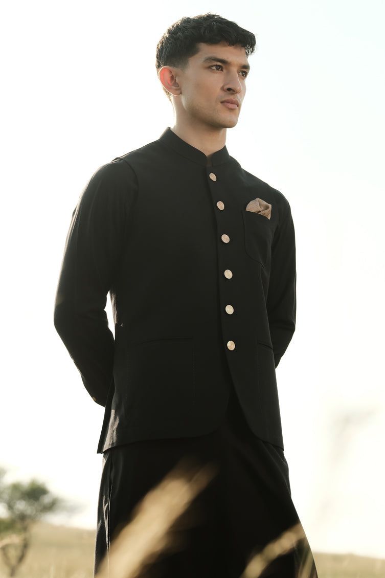 Polyester Black Shalwar Kameez with Waist Coat - J. Junaid Jamshed