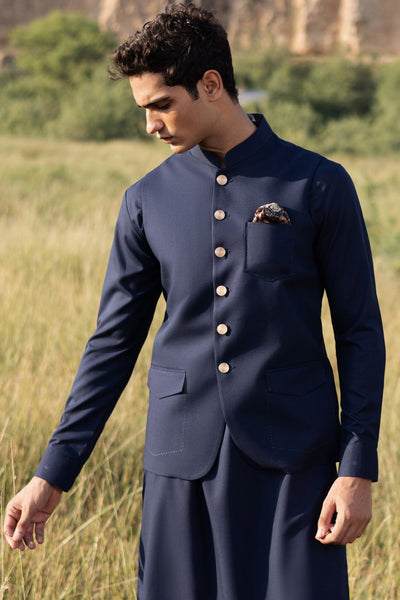 Polyester Blue Shalwar Kameez with Waist Coat - J. Junaid Jamshed