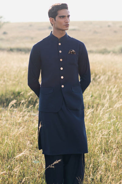 Polyester Blue Shalwar Kameez with Waist Coat - J. Junaid Jamshed