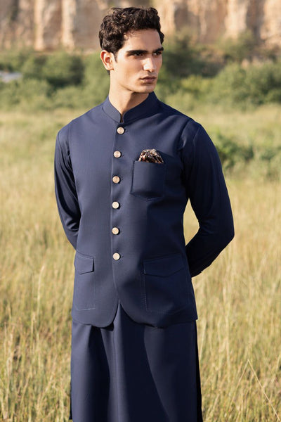 Polyester Blue Shalwar Kameez with Waist Coat - J. Junaid Jamshed