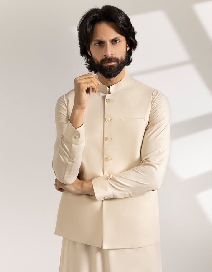 Blended Sand Kurta Trouser with Waist Coat - J. Junaid Jamshed