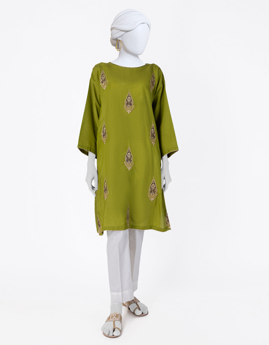 Raw Silk Green Kurti - J. Junaid Jamshed