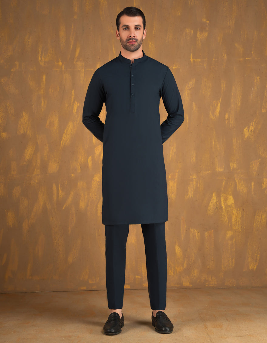 Blended Prussian Blue Unstitched Suit - J. Junaid Jamshed