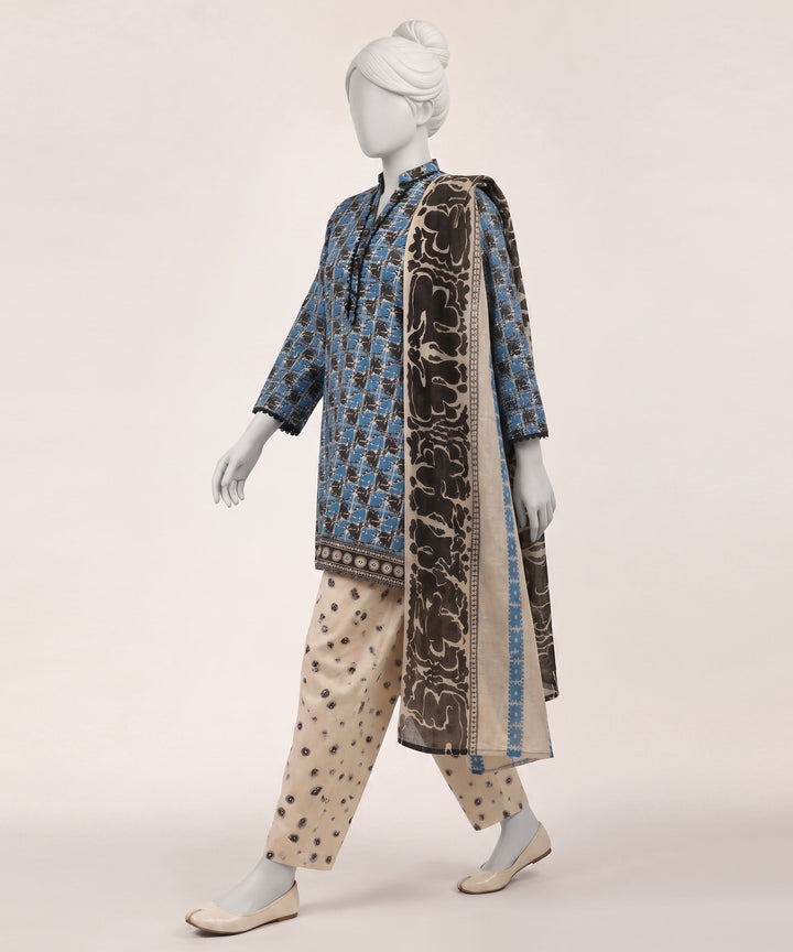 Lawn Blue Stitched Suit - J. Junaid Jamshed