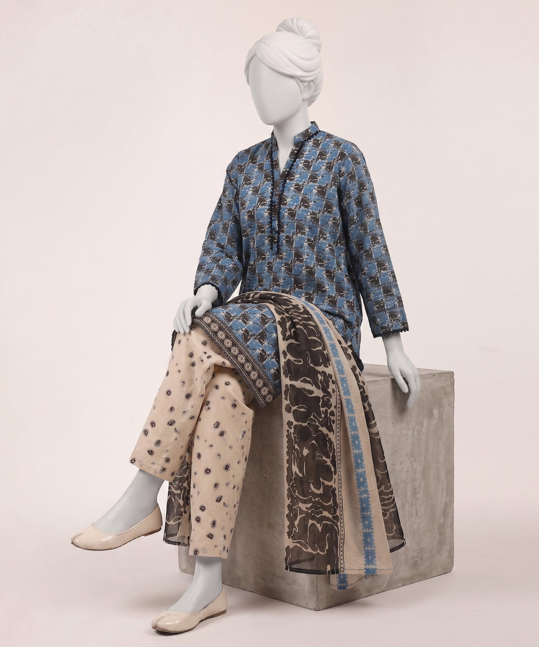 Lawn Blue Stitched Suit - J. Junaid Jamshed