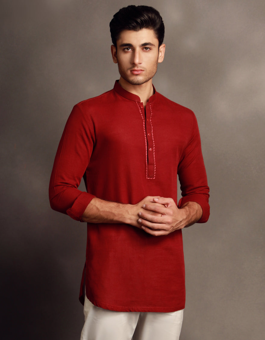 Cotton Red Kurta - J. Junaid Jamshed