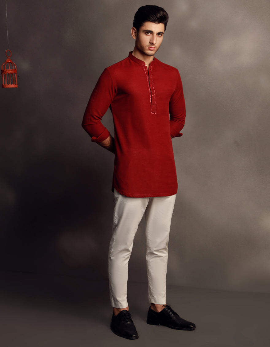 Cotton Red Kurta - J. Junaid Jamshed