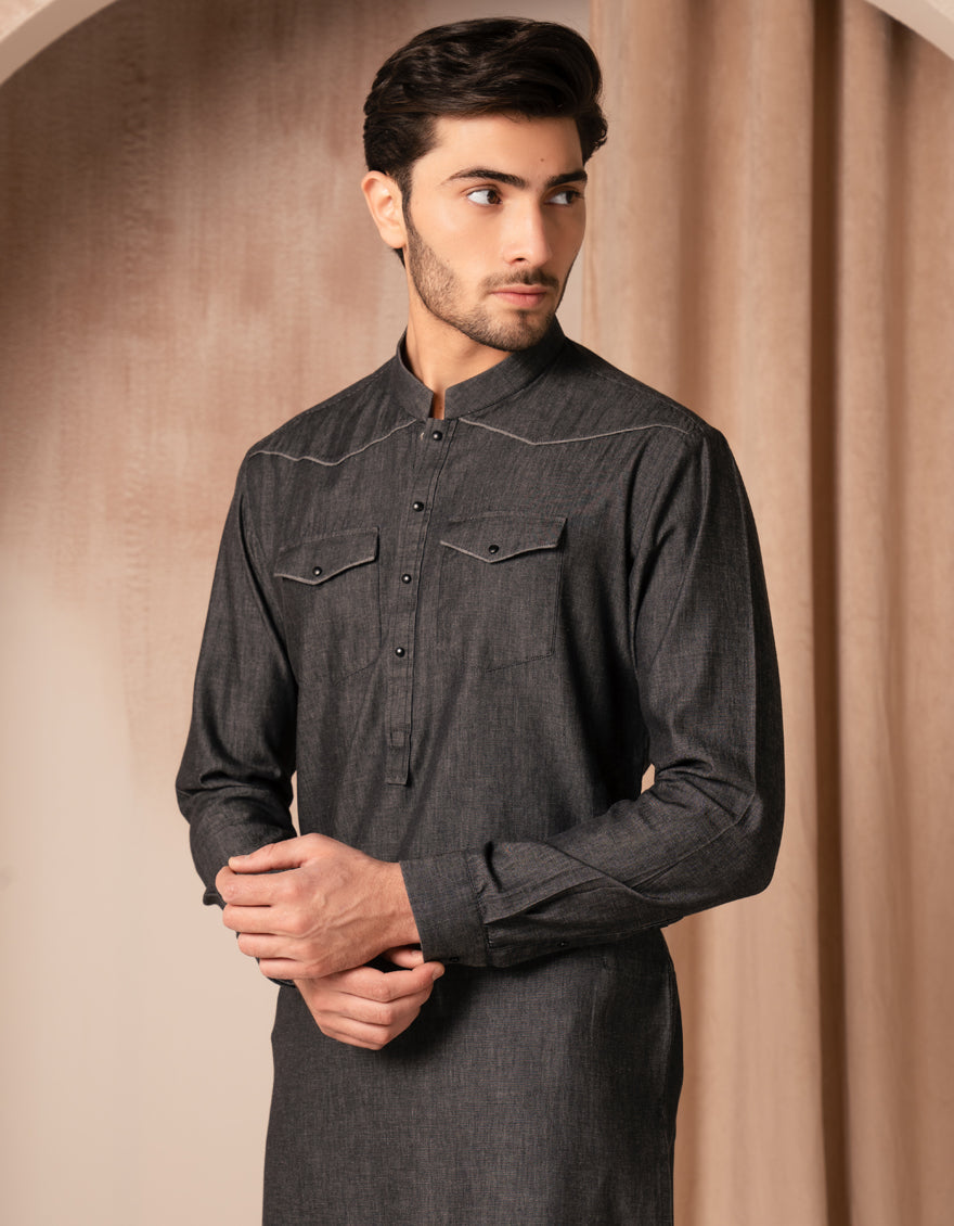 Cotton Denim Black Kurta - J. Junaid Jamshed