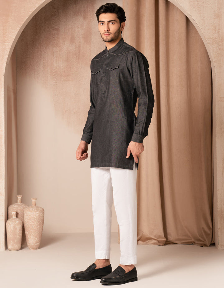 Cotton Denim Black Kurta - J. Junaid Jamshed