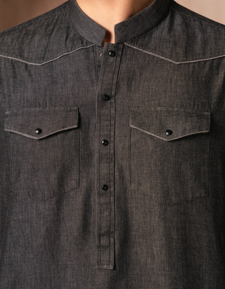 Cotton Denim Black Kurta - J. Junaid Jamshed