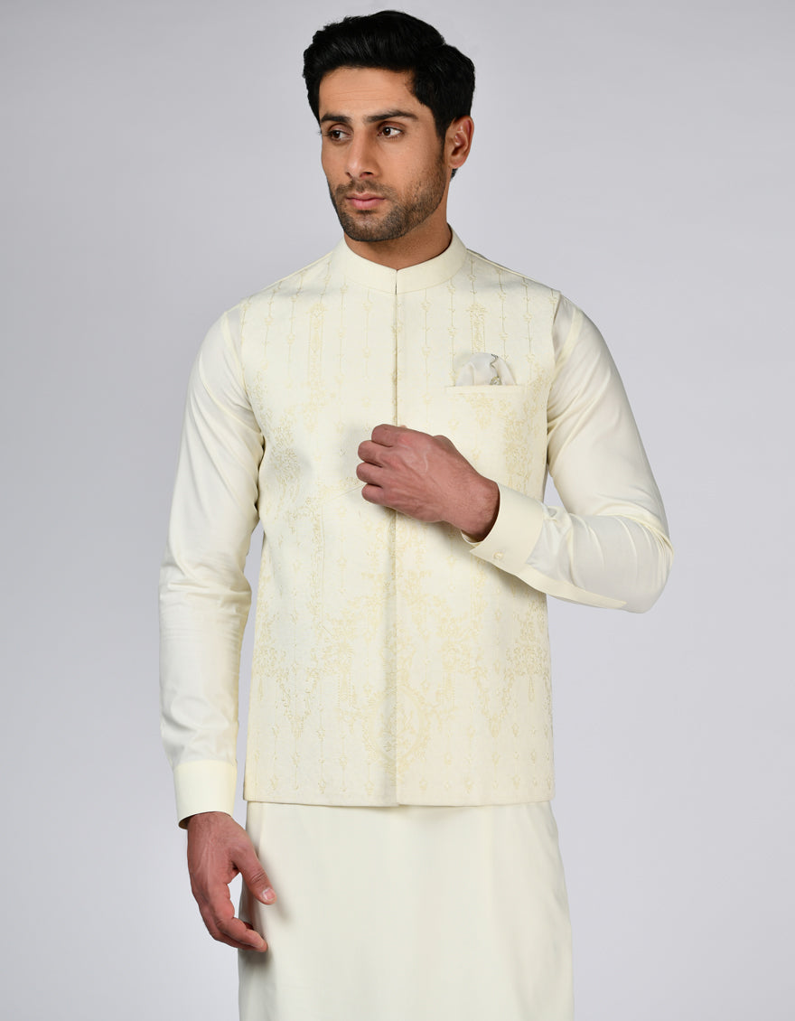 Blended White Waist Coat - J. Junaid Jamshed