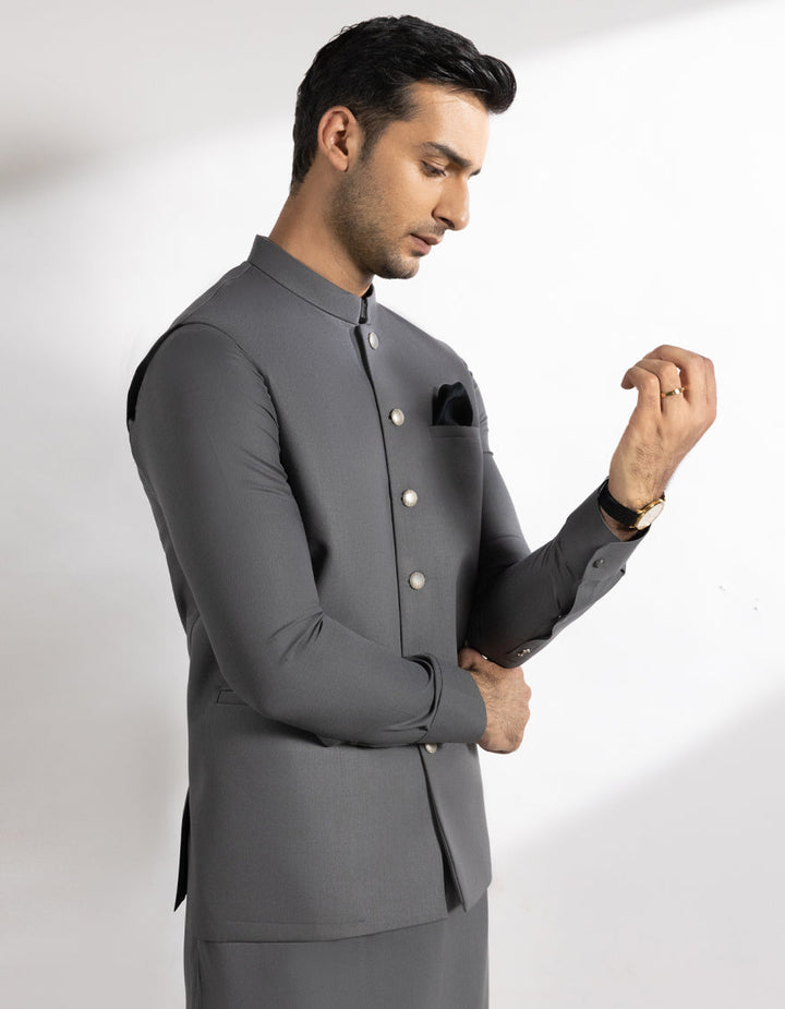 Suiting Steel Grey Waist Coat - J. Junaid Jamshed
