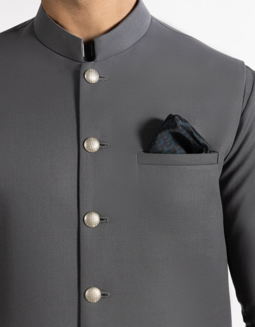 Suiting Steel Grey Waist Coat - J. Junaid Jamshed