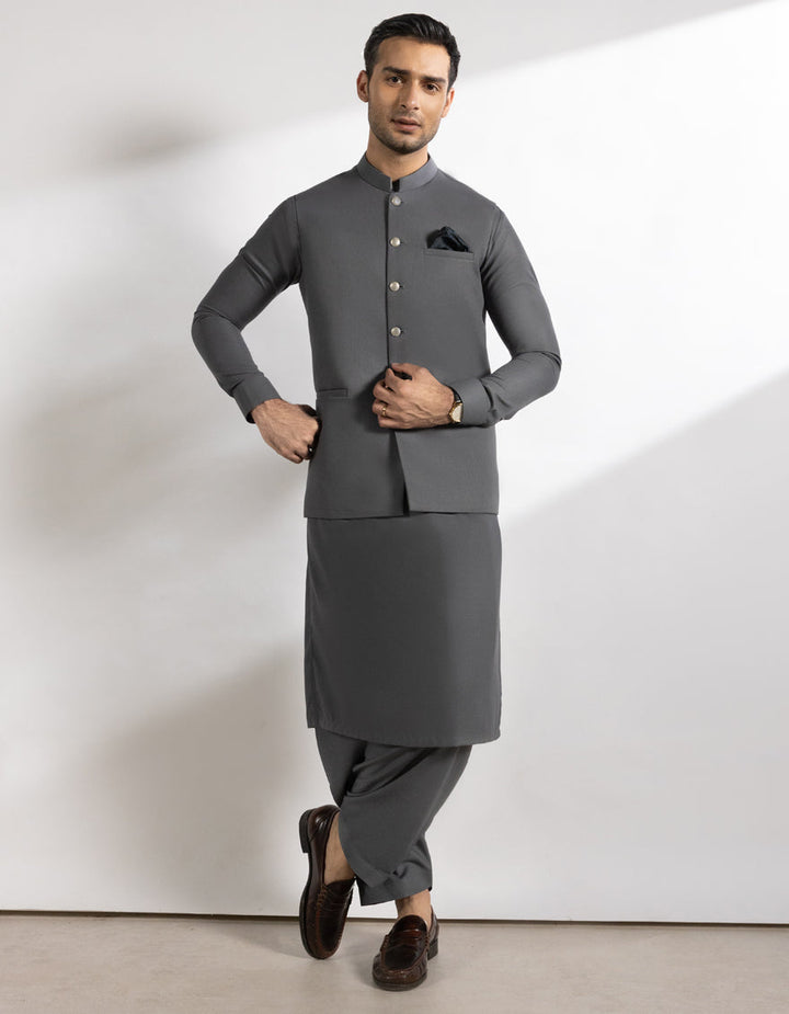 Suiting Steel Grey Waist Coat - J. Junaid Jamshed